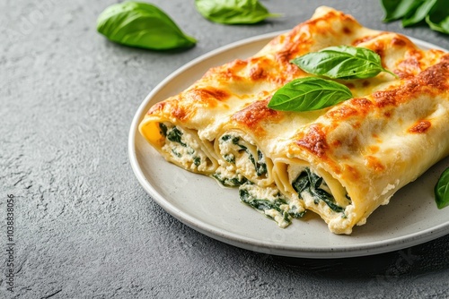 Classic ricotta and spinach cannelloni in béchamel on a white plate garnished with basil against a gray concrete backdrop Vegetarian option Room for text