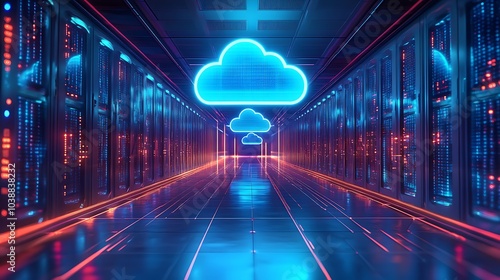 Futuristic Cloud Computing Network Servers. Digital illustration of cloud computing infrastructure with vibrant blue neon lights and futuristic data servers.