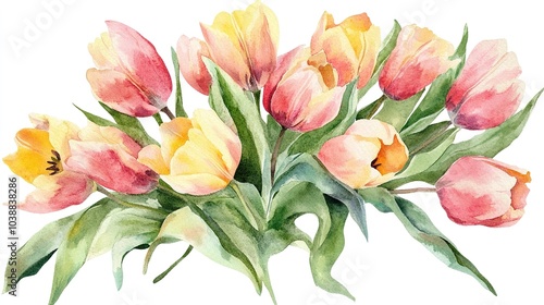 Colorful bouquet of tulips arranged artistically for spring decoration showcasing vibrant yellow and pink hues