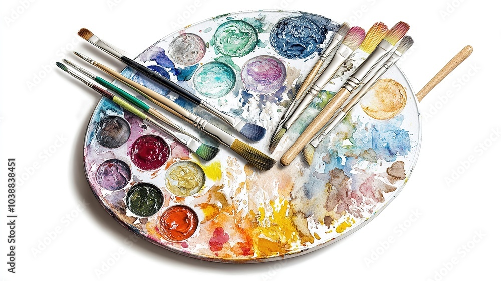 Colorful artist palette with paint and brushes artistically arranged on a workspace table filled with vibrant hues for creative projects Colorful artist palette with paint and brushes artistically arranged on a workspace table filled with vibrant hues for creative projects