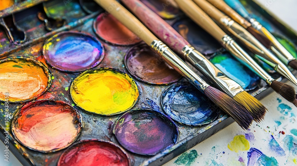 Obraz premium Colorful artist palette with paint and brushes artistically arranged on a workspace table filled with vibrant hues for creative projects