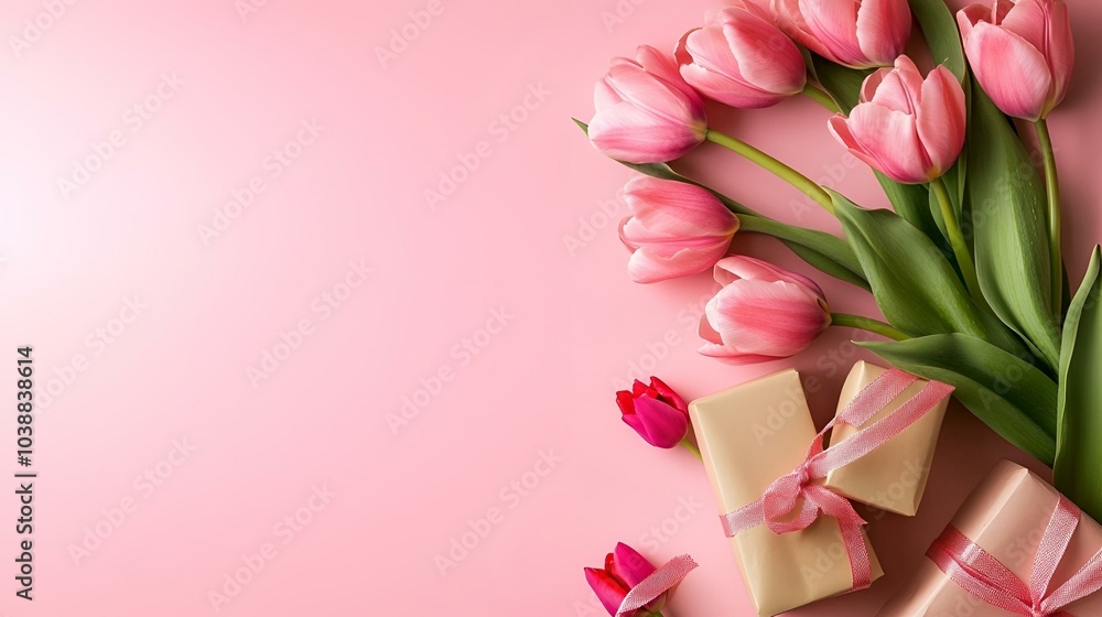 Pink Tulips and Gift Boxes on Pastel Background: Beautiful Spring Flowers and Wrapped Presents for Celebrations and Special Occasions. Pink Tulips and Gift Boxes on Pastel Background: Beautiful Spring Flowers and Wrapped Presents for Celebrations and Special Occasions.