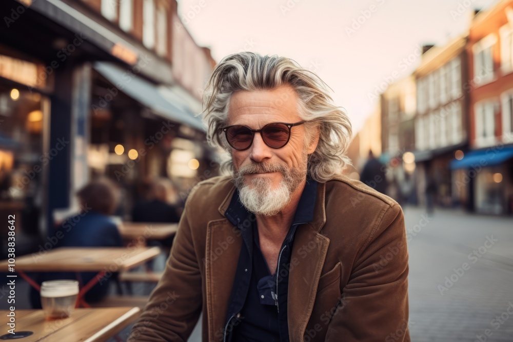 Portrait of a handsome senior man with gray hair wearing sunglasses and a brown coat, standing in a street cafe on a sunny day. Portrait of a handsome senior man with gray hair wearing sunglasses and a brown coat, standing in a street cafe on a sunny day.