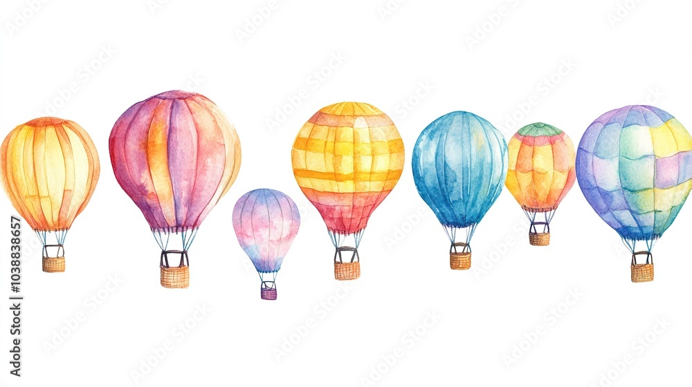 Obraz premium Colorful hot air balloons drifting gracefully in the sky during a bright day with vibrant watercolor splashes in the background