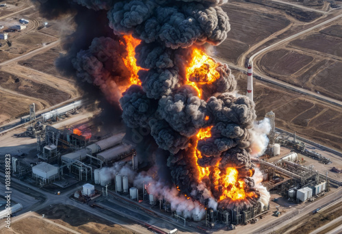 Massive fireball erupts at gas facility, billowing smoke clouds darken sky as flames engulf industrial complex