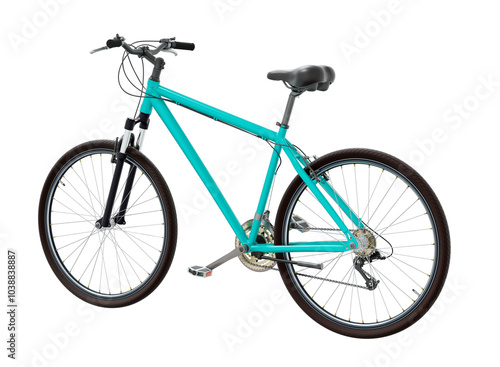 Blue teal bicycle, side back view. Black leather saddle and handles. Png clipart isolated on transparent background