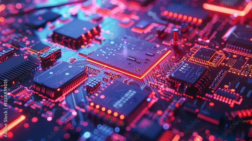 Fototapeta premium Close-up of a futuristic circuit board with glowing red and blue components, showcasing advanced technology and electronic innovation.