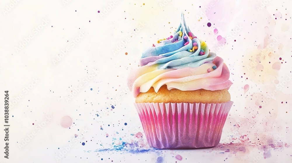 Colorful cupcake with swirls of pink frosting and sprinkles against a white background Colorful cupcake with swirls of pink frosting and sprinkles against a white background