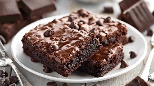 Wallpaper Mural Triple chocolate brownies with melted chocolate chips, isolated on a white porcelain plate, surrounded by silver forks and chocolate curls Torontodigital.ca