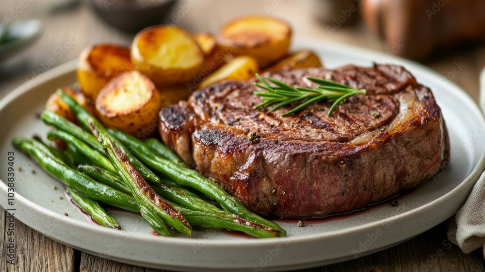 A tantalizing plate of beef tenderloin steak cooked to perfection, served with roasted potatoes and saut茅ed green beans, Steak plate centered A tantalizing plate of beef tenderloin steak cooked to perfection, served with roasted potatoes and saut茅ed green beans, Steak plate centered