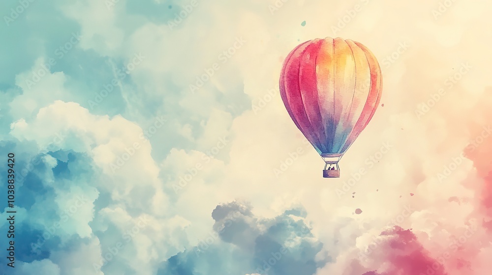 Obraz premium A colorful hot air balloon floats gracefully above soft clouds during a serene sunrise, creating a vibrant sky filled with pastel colors