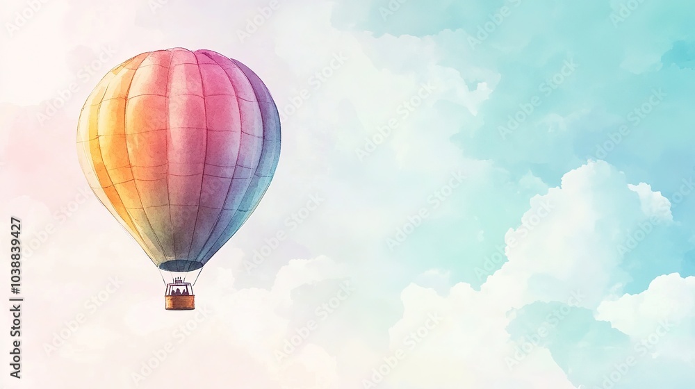 Naklejka premium A colorful hot air balloon floats gracefully above soft clouds during a serene sunrise, creating a vibrant sky filled with pastel colors