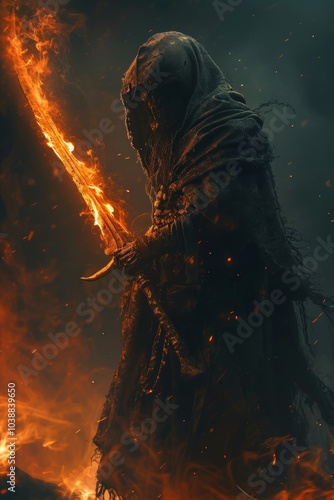 A cloaked figure brandishing a flaming sword stands amidst flames, embodying the grim reaper in a dark, ominous atmosphere photo