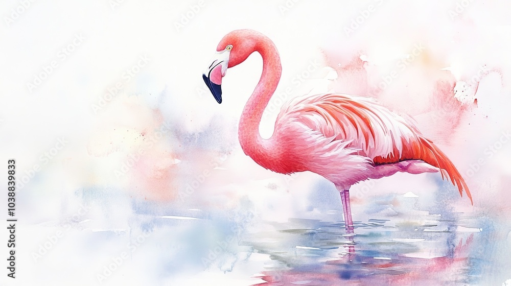 Fototapeta premium A graceful flamingo wading through shallow waters at dawn in a serene environment