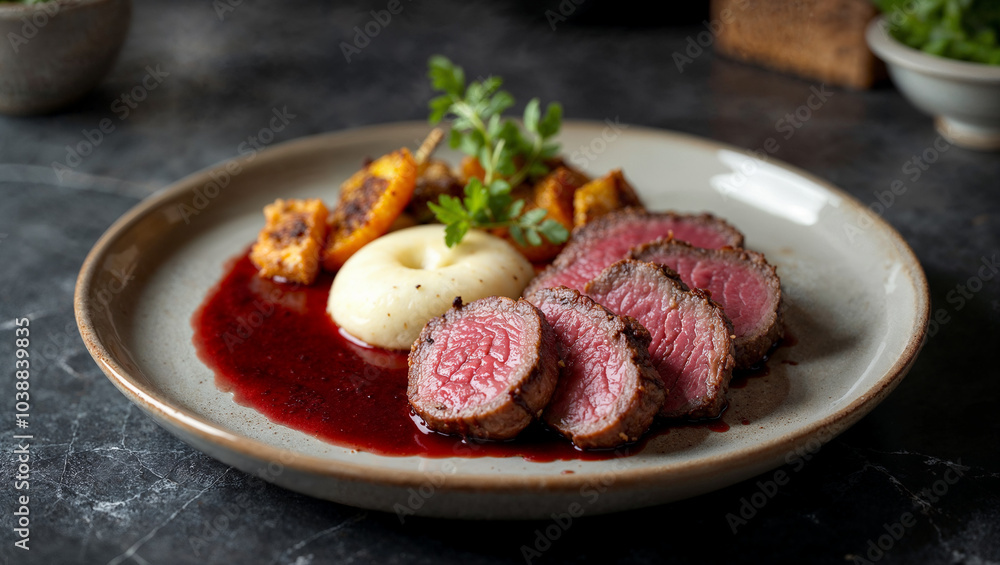 Sliced Beef Tenderloin with Mashed Potatoes and Red Wine Sauce Sliced Beef Tenderloin with Mashed Potatoes and Red Wine Sauce