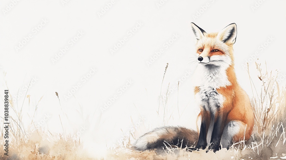 Obraz premium A detailed illustration of a fox sitting peacefully in a grassy field during autumn with gentle watercolor hues