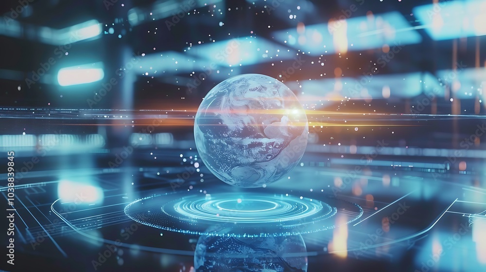 AI-generated 3D hologram of a planet floating above a futuristic digital workspace AI-generated 3D hologram of a planet floating above a futuristic digital workspace