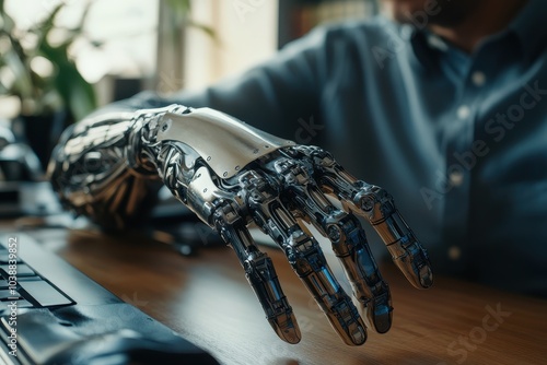 Close up of a man fitting his prosthetic arm at home He sits at a desk and attaches the bionic limb photo