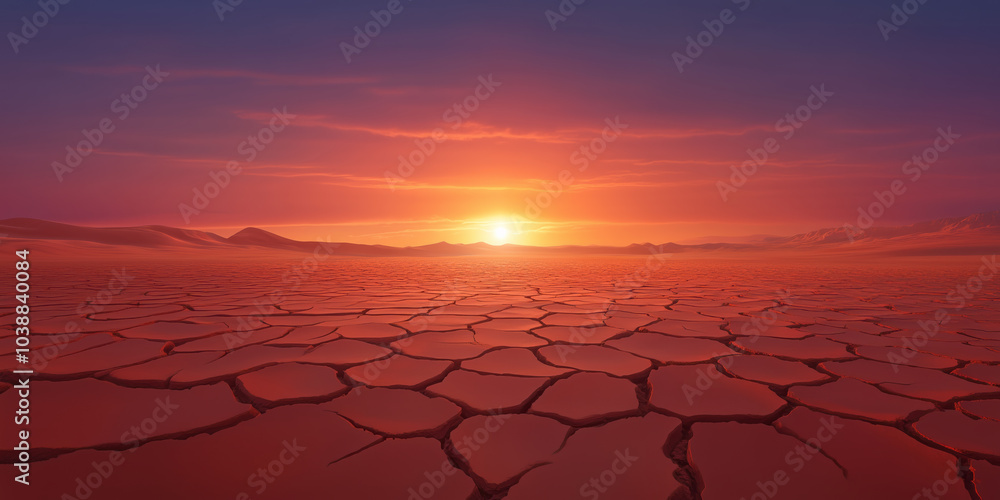 Vibrant sunset over a cracked desert landscape highlighting the beauty of arid environments Vibrant sunset over a cracked desert landscape highlighting the beauty of arid environments