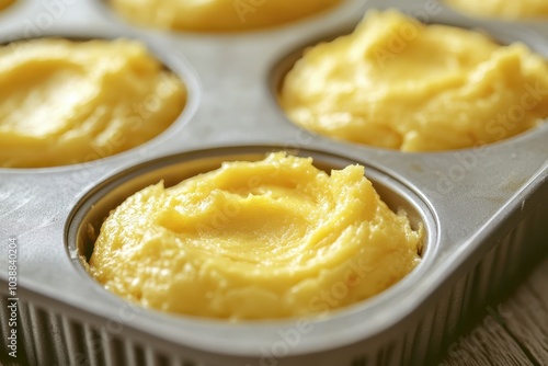 Close up of a muffin pan with uncooked yellow batter