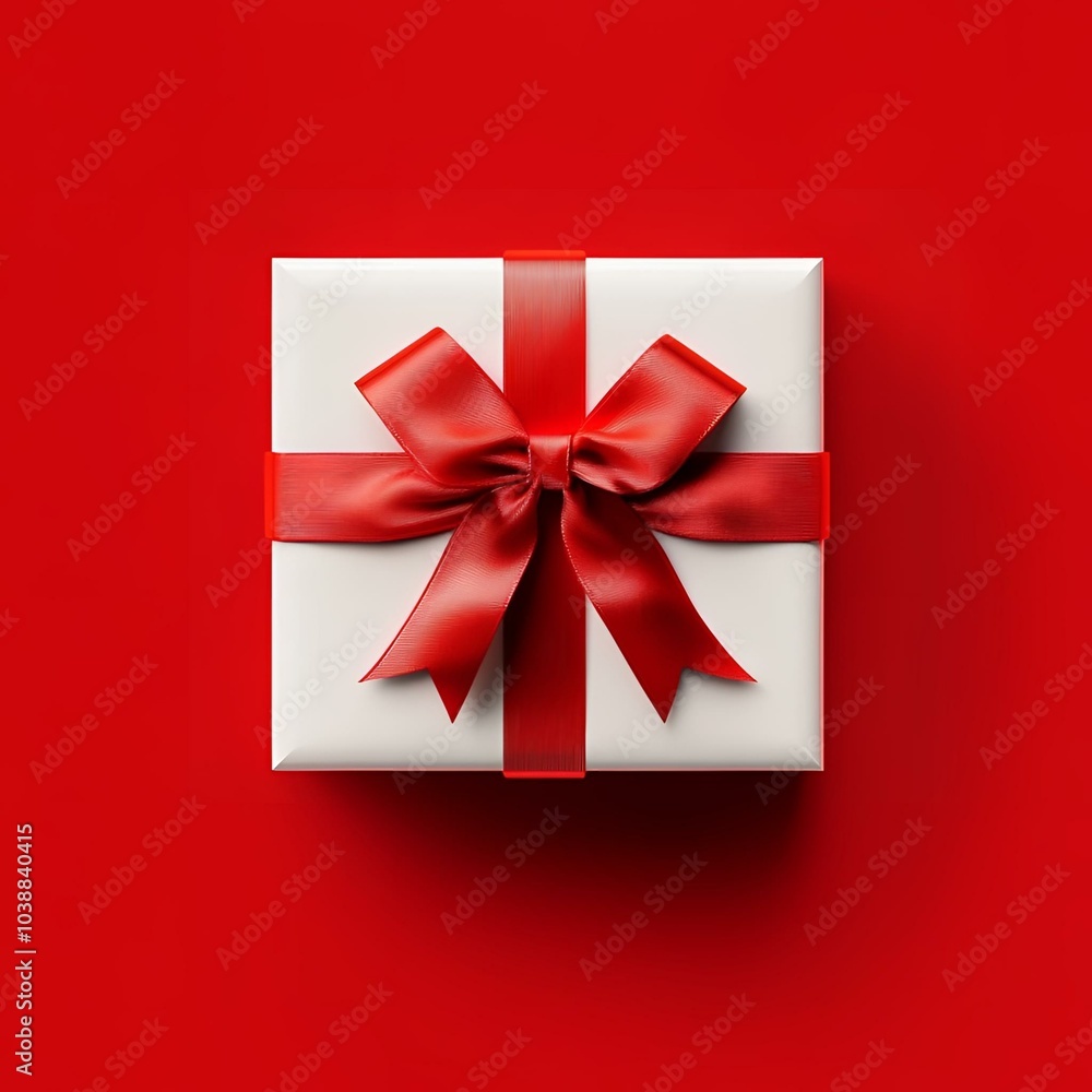 White gift box with red ribbon and bow on vibrant red background, perfect for Christmas, Valentine’s Day, or special celebrations.. White gift box with red ribbon and bow on vibrant red background, perfect for Christmas, Valentine’s Day, or special celebrations..