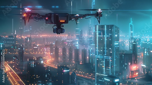 AI-powered drone flying over a futuristic cityscape capturing real-time data