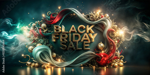 Eye-catching promotional graphic for "BLACK FRIDAY SALE" with flowing ribbons and festive decorations