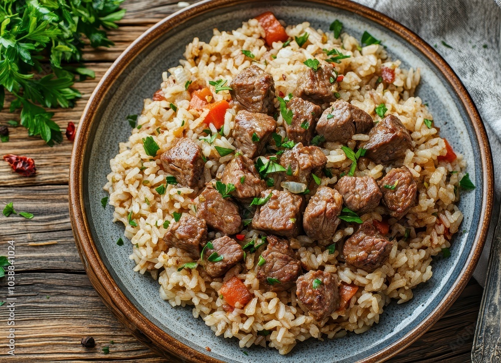 Close up of aromatic meat and vegetable pilaf on a plate atop a wooden table alongside a fork knife and napkin Close up of aromatic meat and vegetable pilaf on a plate atop a wooden table alongside a fork knife and napkin