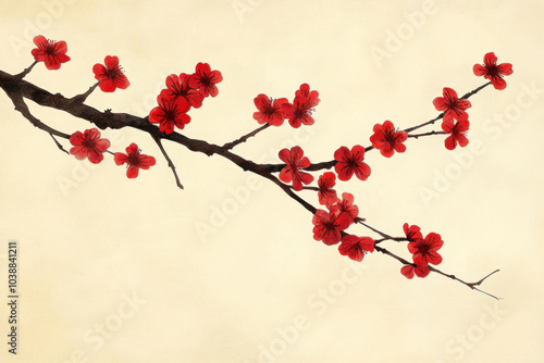 Branch with red flowers against a blue sky. photo