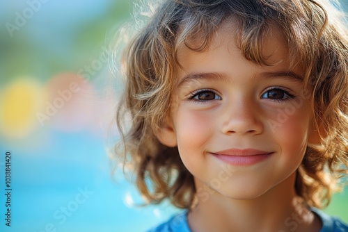 A cheerful young boy with curly hair smiles brightly against a vibrant summer pool background