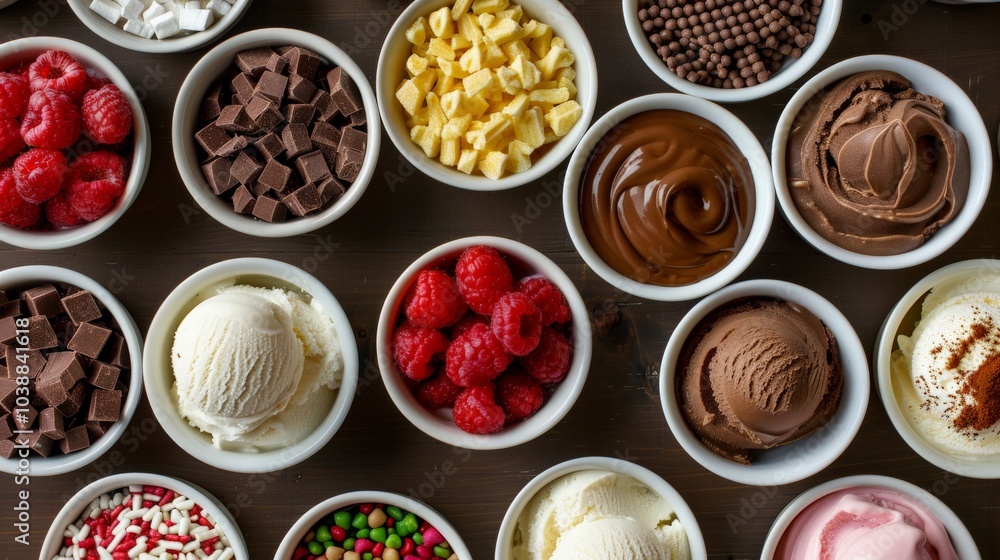Obraz premium A detailed shot of different ice cream toppings in small bowls with