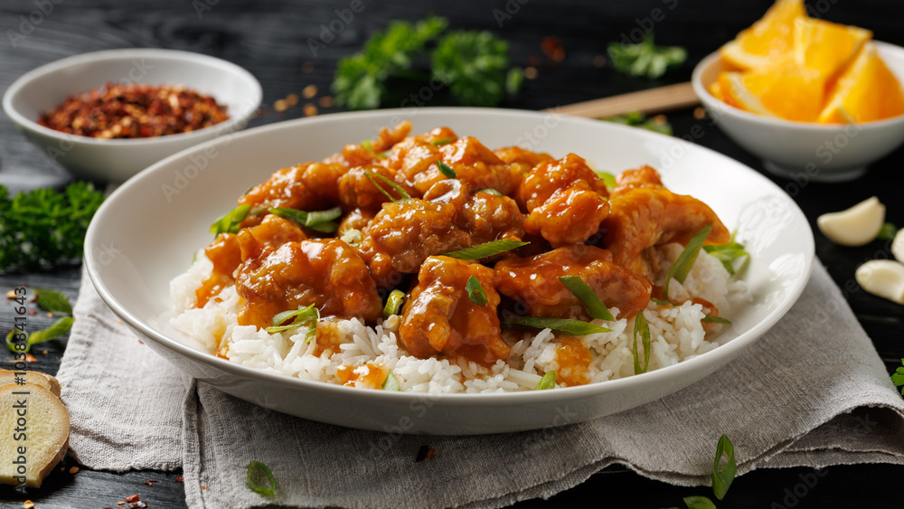 Chinese orange chicken with rice and green onion garnish Chinese orange chicken with rice and green onion garnish