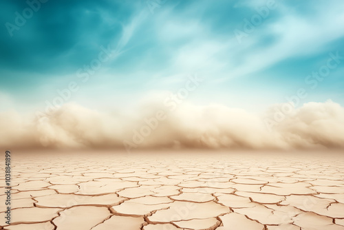 Dry cracked earth under a blue sky with a dust storm approaching during the midday heat photo