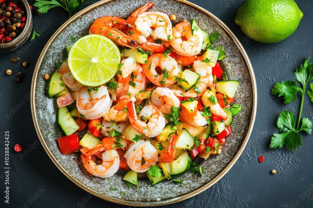 Close up of shrimp ceviche with veggies spices and lime on a plate Top down horizontal view Close up of shrimp ceviche with veggies spices and lime on a plate Top down horizontal view