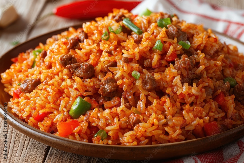 Close up of spicy fried rice with minced meat and vegetables on the table Horizontal Close up of spicy fried rice with minced meat and vegetables on the table Horizontal