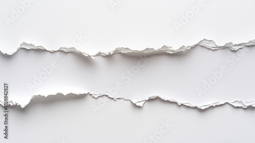 pristine white sheet features a clean horizontal tear creating a unique visual space perfect for text insertion. This minimalist design highlights subtle shadows for added depth.