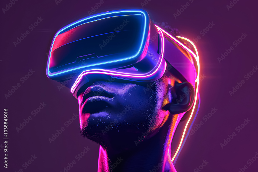 Man wearing a virtual reality headset with neon lights. The image conveys a futuristic and technological vibe Man wearing a virtual reality headset with neon lights. The image conveys a futuristic and technological vibe