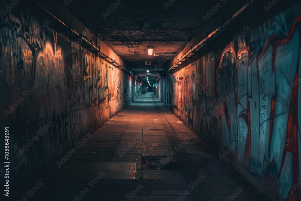 A dark tunnel with graffiti on the walls A dark tunnel with graffiti on the walls