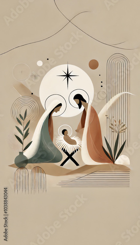 Watercolor painting representing Nativity scene in Bethlehem. Christmas scene illustration showing holy family baby Jesus in the manger Joseph and Mary. Card copy space