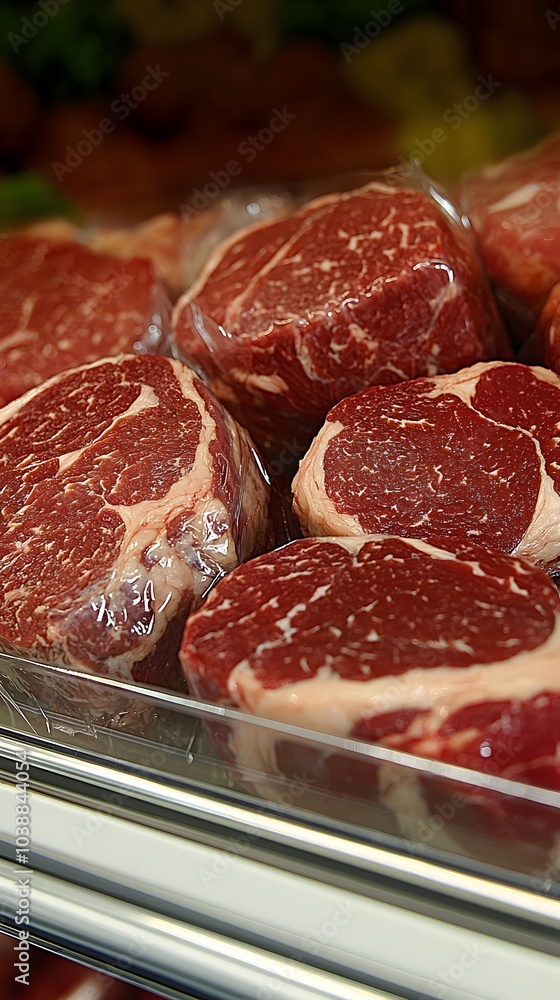A close-up of fresh raw red meat cuts on a supermarket shelf, featuring premium selections like ribeye, sirloin, and brisket. A close-up of fresh raw red meat cuts on a supermarket shelf, featuring premium selections like ribeye, sirloin, and brisket.