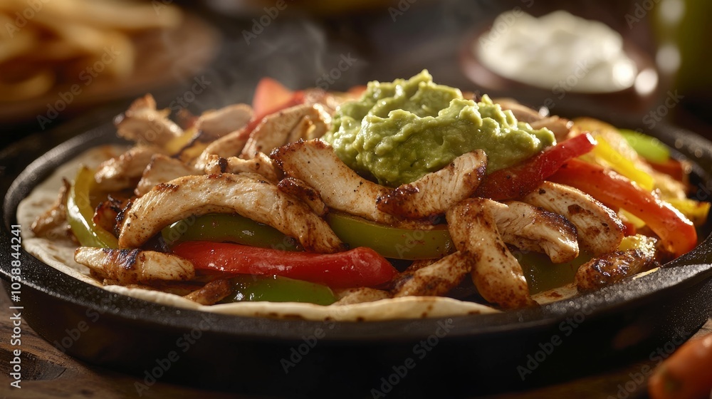 A tantalizing plate of sizzling fajitas, featuring strips of marinated chicken, bell peppers A tantalizing plate of sizzling fajitas, featuring strips of marinated chicken, bell peppers