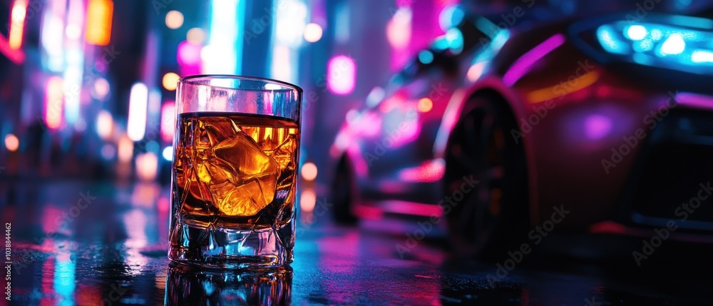 A glass of whiskey sits on a reflective surface, illuminated by colorful neon lights. A glass of whiskey sits on a reflective surface, illuminated by colorful neon lights.