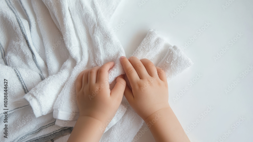 A close-up of a child's hands grasping a soft white towel, conveying a sense of warmth, comfort, and cleanliness.
A close-up of a child's hands grasping a soft white towel, conveying a sense of warmth, comfort, and cleanliness.