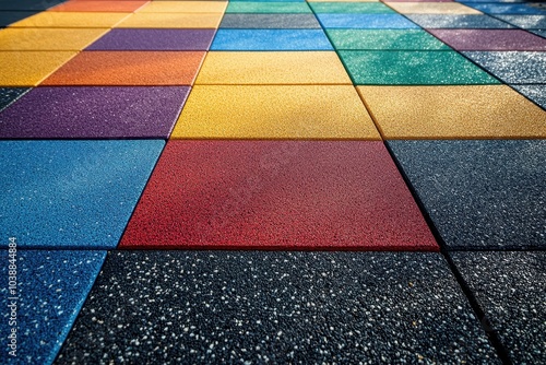 Coated rubber surface for play or sports featuring a colorful recycled material design and cushioned granule layer