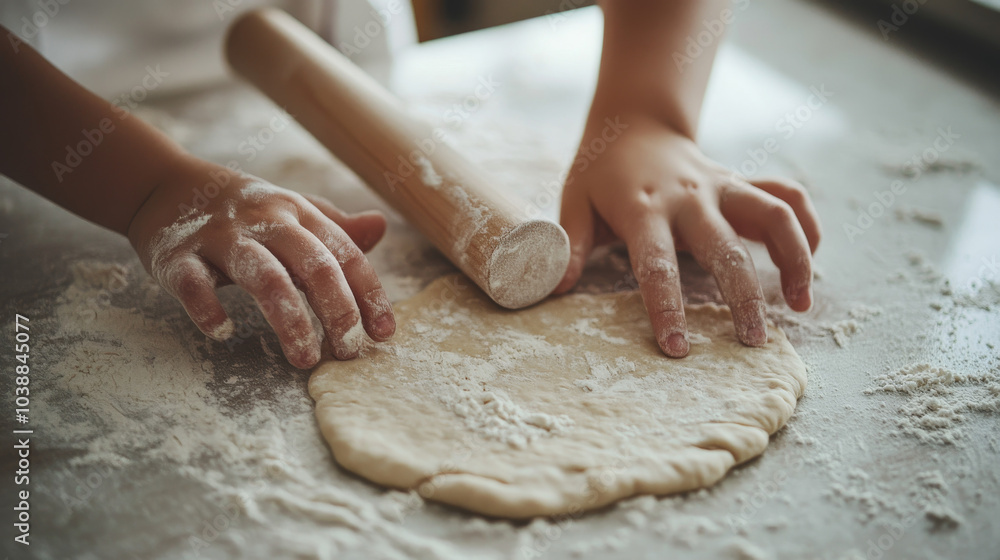 Close-up of a child's hands using a wooden rolling pin to flatten dough on a floured surface, evoking playful baking moments.
Close-up of a child's hands using a wooden rolling pin to flatten dough on a floured surface, evoking playful baking moments.