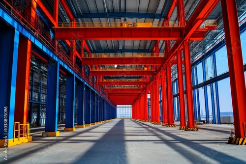 Large empty industrial warehouse interior with red and blue steel beams