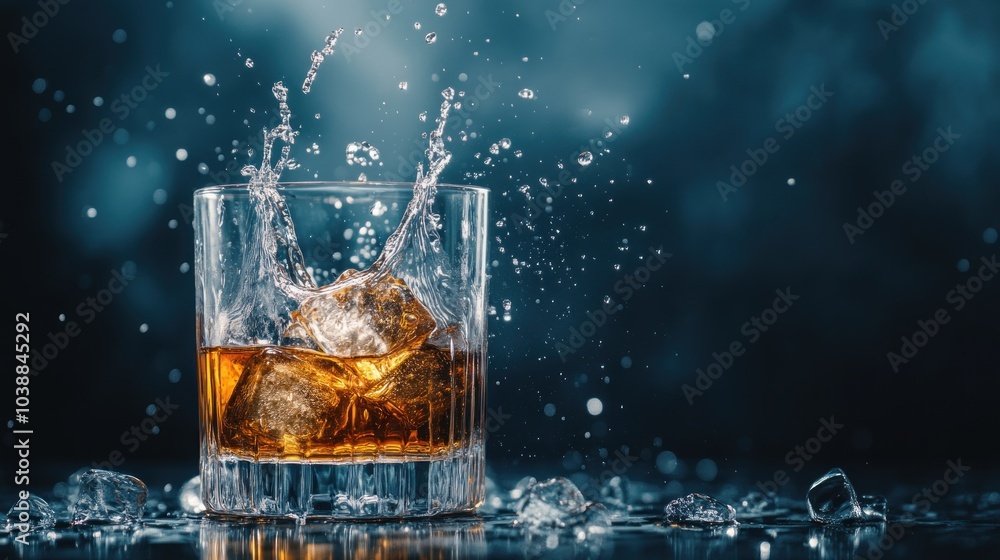 A glass of whiskey with ice splashing, creating a dynamic and refreshing visual effect. A glass of whiskey with ice splashing, creating a dynamic and refreshing visual effect.