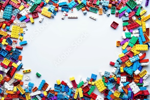 Colorful Plastic Building Blocks Frame a White Background