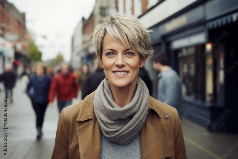 Portrait of smiling middle-aged woman walking on street in London Portrait of smiling middle-aged woman walking on street in London