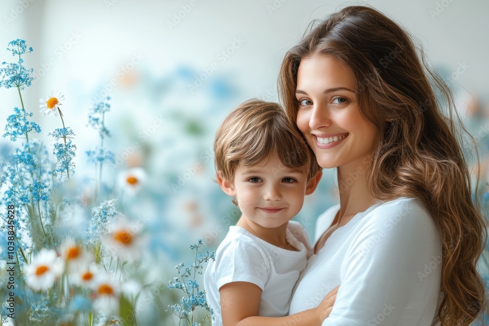 A joyful mother holding her smiling child in a vibrant flower field during a sunny day A joyful mother holding her smiling child in a vibrant flower field during a sunny day